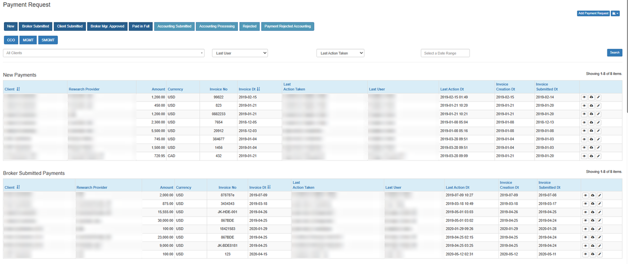 Castine Commander: new and broker-submitted payment requests with their status
