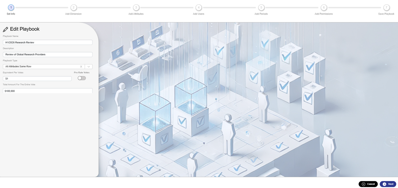 Castine's Edit Playbook screen, step 1 of 7: the playbook's name, type and vote amounts