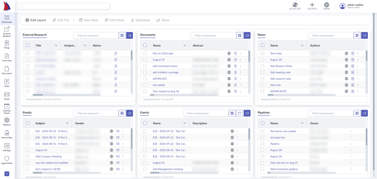 Castine Research Management System: research, documents, notes, emails, events and pipelines