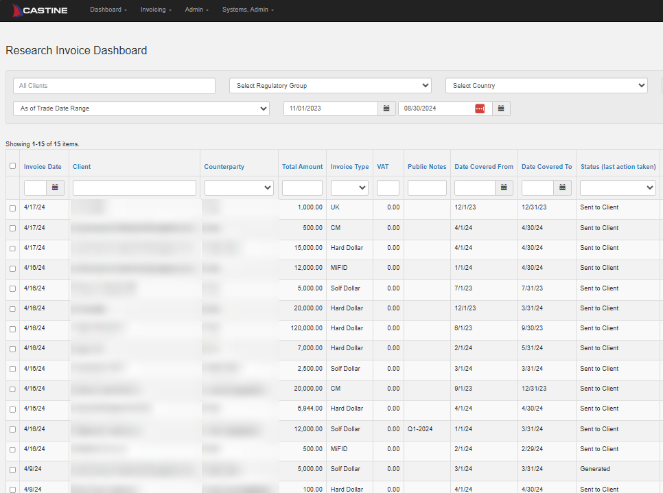Castine Spinnaker: research invoices by client, type and period covered